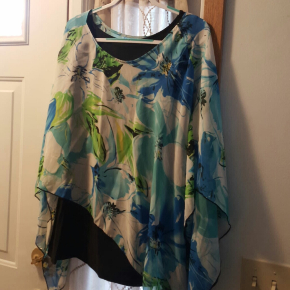 Floral Cape with Black Sleeveless Tanktop Undernea